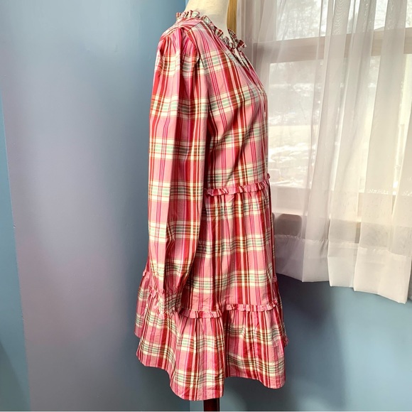 NWT J. Crew Plaid Mini Dress with Ruffle Trim in Sweet Briar Marine Salt Pink - Picture 6 of 8